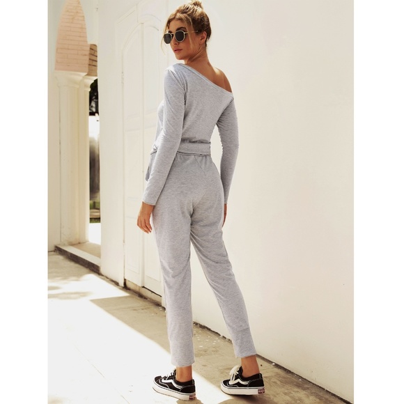 Off Shoulder Contrast Drawstring Grey Jumpsuit - Picture 4 of 12